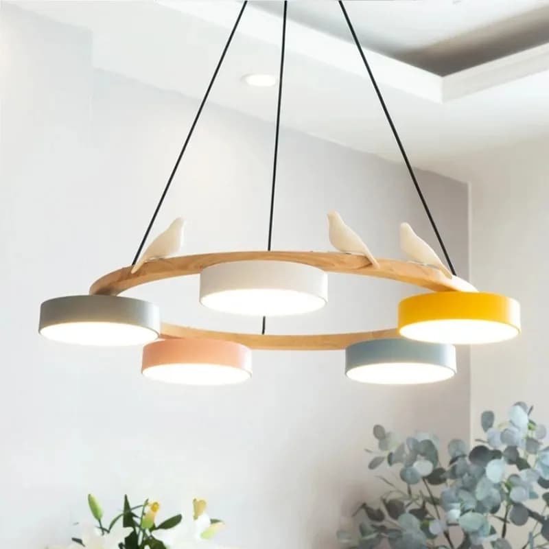 Nordic Wooden circle chandelier Bird lamp for Living Room Colour lamp Minimalist Bedroom Living Room Main Light dining lamp