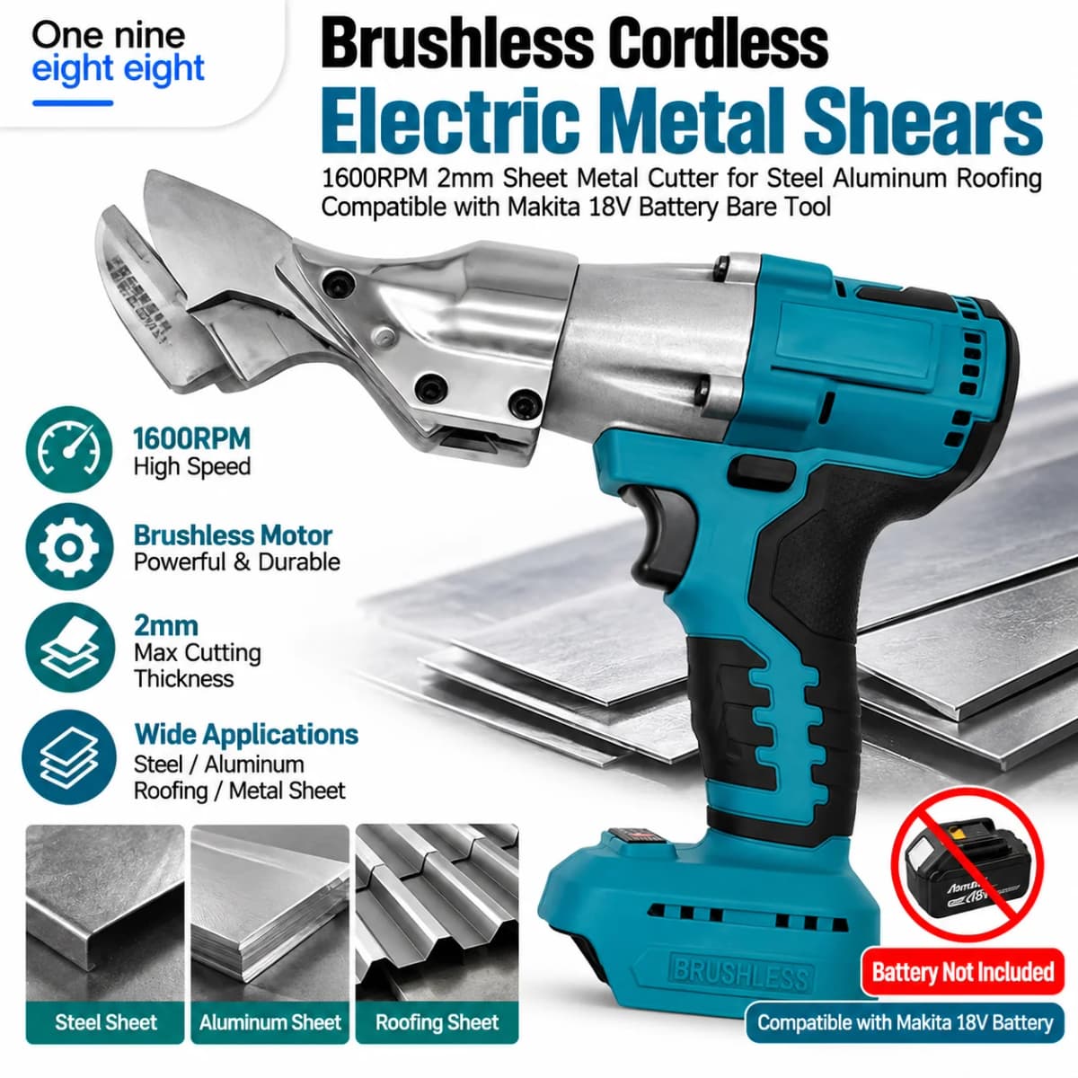 Brushless Cordless Electric Metal Shears 1600RPM 2mm Sheet Metal Cutter for Steel Aluminum Roofing Compatible with Makita 18V Ba