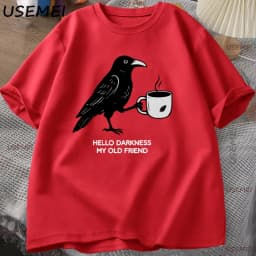 Vintage Crow Coffee T Shirt Halloween T-Shirt Fall Tee Women Men Cotton Tops Creative Crew Neck Tees Short Sleeve Loose TShirt