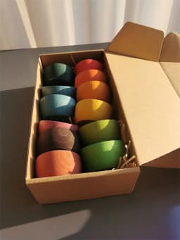 Sensory Wooden Montessori Toys Rainbow Pastel Sorting Bowls Dishes with Balls Acorns for Kids Play