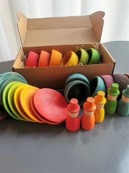 Sensory Wooden Montessori Toys Rainbow Pastel Sorting Bowls Dishes with Balls Acorns for Kids Play