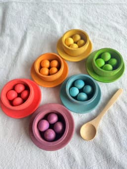Sensory Wooden Montessori Toys Rainbow Pastel Sorting Bowls Dishes with Balls Acorns for Kids Play