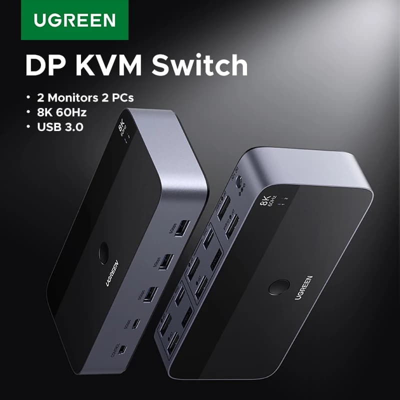 UGREEN DP KVM Switch 2 Monitors 2 PCs 8K 60Hz USB 3.0 Sharing Keyboard Mouse Monitor with HDR 3D for Laptop Desktop Printer