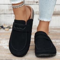 Women Suede Loafer Mules Cork Sole Penny Strap Closed Toe Backless Slip On Casual Indoor Outdoor Shoes