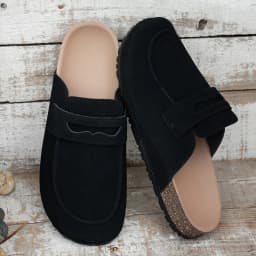 Women Suede Loafer Mules Cork Sole Penny Strap Closed Toe Backless Slip On Casual Indoor Outdoor Shoes
