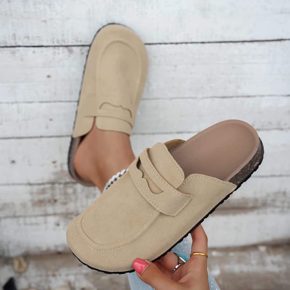 Women Suede Loafer Mules Cork Sole Penny Strap Closed Toe Backless Slip On Casual Indoor Outdoor Shoes