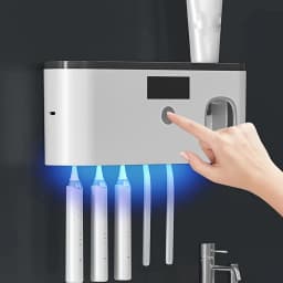 1 Smart Toothbrush Sterilizer, Toothbrush Storage Rack with 5 Brush Slots, Toothpaste Dispenser, Wall Mounted Holder