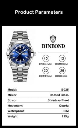 BINBOND Men's Watch Fashion Trend Night Light Calendar Waterproof Business Leisure Steel Strip Men's Watch Watches for Man B025