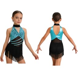 Kids Girls Cha-cha Salsa Latin Dance Costume Shiny Sequins Halter Sleeveless Mesh Tassels Leotard Jazz Tango Samba Rumba Outfits