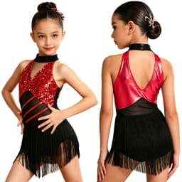 Kids Girls Cha-cha Salsa Latin Dance Costume Shiny Sequins Halter Sleeveless Mesh Tassels Leotard Jazz Tango Samba Rumba Outfits