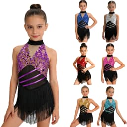 Kids Girls Cha-cha Salsa Latin Dance Costume Shiny Sequins Halter Sleeveless Mesh Tassels Leotard Jazz Tango Samba Rumba Outfits