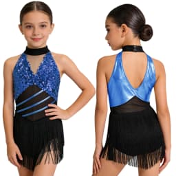 Kids Girls Cha-cha Salsa Latin Dance Costume Shiny Sequins Halter Sleeveless Mesh Tassels Leotard Jazz Tango Samba Rumba Outfits