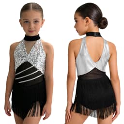 Kids Girls Cha-cha Salsa Latin Dance Costume Shiny Sequins Halter Sleeveless Mesh Tassels Leotard Jazz Tango Samba Rumba Outfits