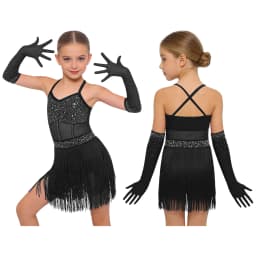 Kids Girls Cha-cha Salsa Latin Dance Costume Shiny Sequins Halter Sleeveless Mesh Tassels Leotard Jazz Tango Samba Rumba Outfits