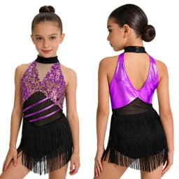 Kids Girls Cha-cha Salsa Latin Dance Costume Shiny Sequins Halter Sleeveless Mesh Tassels Leotard Jazz Tango Samba Rumba Outfits