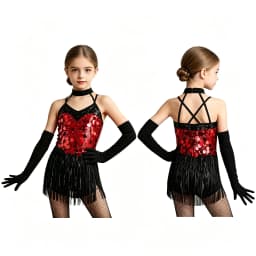 Kids Girls Cha-cha Salsa Latin Dance Costume Shiny Sequins Halter Sleeveless Mesh Tassels Leotard Jazz Tango Samba Rumba Outfits