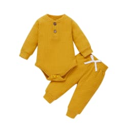 Infant Newborn Baby Girl Boy Spring Autumn Ribbed/Plaid Solid Clothes Sets Long Sleeve Bodysuits + Elastic Pants 2PCs Outfits