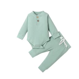 Infant Newborn Baby Girl Boy Spring Autumn Ribbed/Plaid Solid Clothes Sets Long Sleeve Bodysuits + Elastic Pants 2PCs Outfits