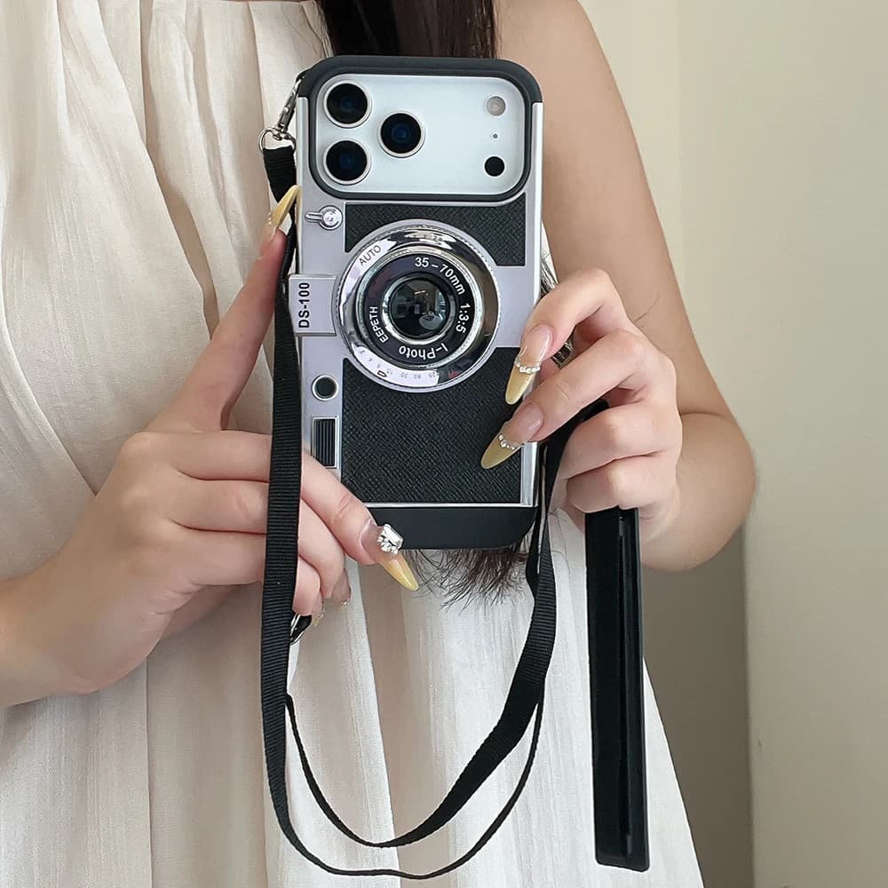 Camera Pattern Crossbody Lanyard Rope Phone Case For iPhone 18 17 16 15 14 13 12 11 Pro Max Soft Shockproof Silicone Cover Girls