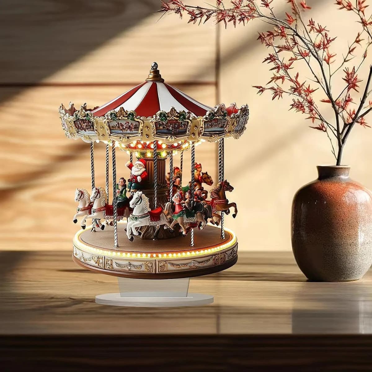 LED Christmas Carousel Figurine Decoration Rotatable Animated Carousel Ornament with Light for Home Decor Anniversary Birthday