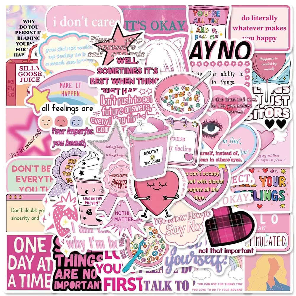 50 Pcs Pink Anti Anxiety Slogan Stickers Coquette Soft Ins Punk Decals For Planner Suitcase Phone Shell Cup Wall Decor
