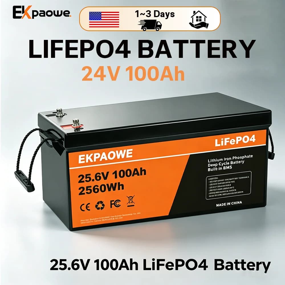 EKPAOWE 24V 25.6V 100AH LiFePO4 Battery 6000+ Deep Cycles Rechargeable Lithium Battery Pack up to 48V 51.2V 400Ah Low-Temp Protection For Fishing, Portable Power Station, Golf Cart, Boat, Camper, Marine, Trolling Motor, Off-Grid, Solar Energy Storage