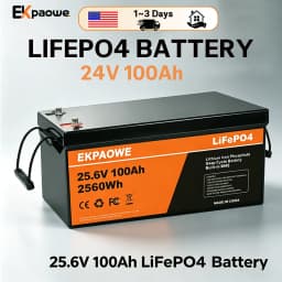 EKPAOWE 24V 25.6V 100AH LiFePO4 Battery 6000+ Deep Cycles Rechargeable Lithium Battery Pack up to 48V 51.2V 400Ah Low-Temp Protection For Fishing, Portable Power Station, Golf Cart, Boat, Camper, Marine, Trolling Motor, Off-Grid, Solar Energy Storage