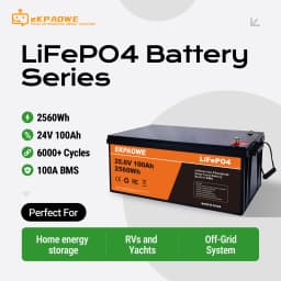 EKPAOWE 24V 25.6V 100AH LiFePO4 Battery 6000+ Deep Cycles Rechargeable Lithium Battery Pack up to 48V 51.2V 400Ah Low-Temp Protection For Fishing, Portable Power Station, Golf Cart, Boat, Camper, Marine, Trolling Motor, Off-Grid, Solar Energy Storage