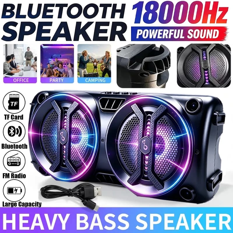 Portable wireless Bluetooth speaker with multi-mode colorful lights. Supports TF card, USB Type-C port and FM radio. Suitable for parties, outdoor camping, square dancing and other occasions. A lovely gift.