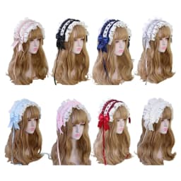 Lolita Ruffled Headband Sweet Star Embroidery Lace Ribbon Bow Hairband with Hairpins Anime Maid Cosplay Headdress