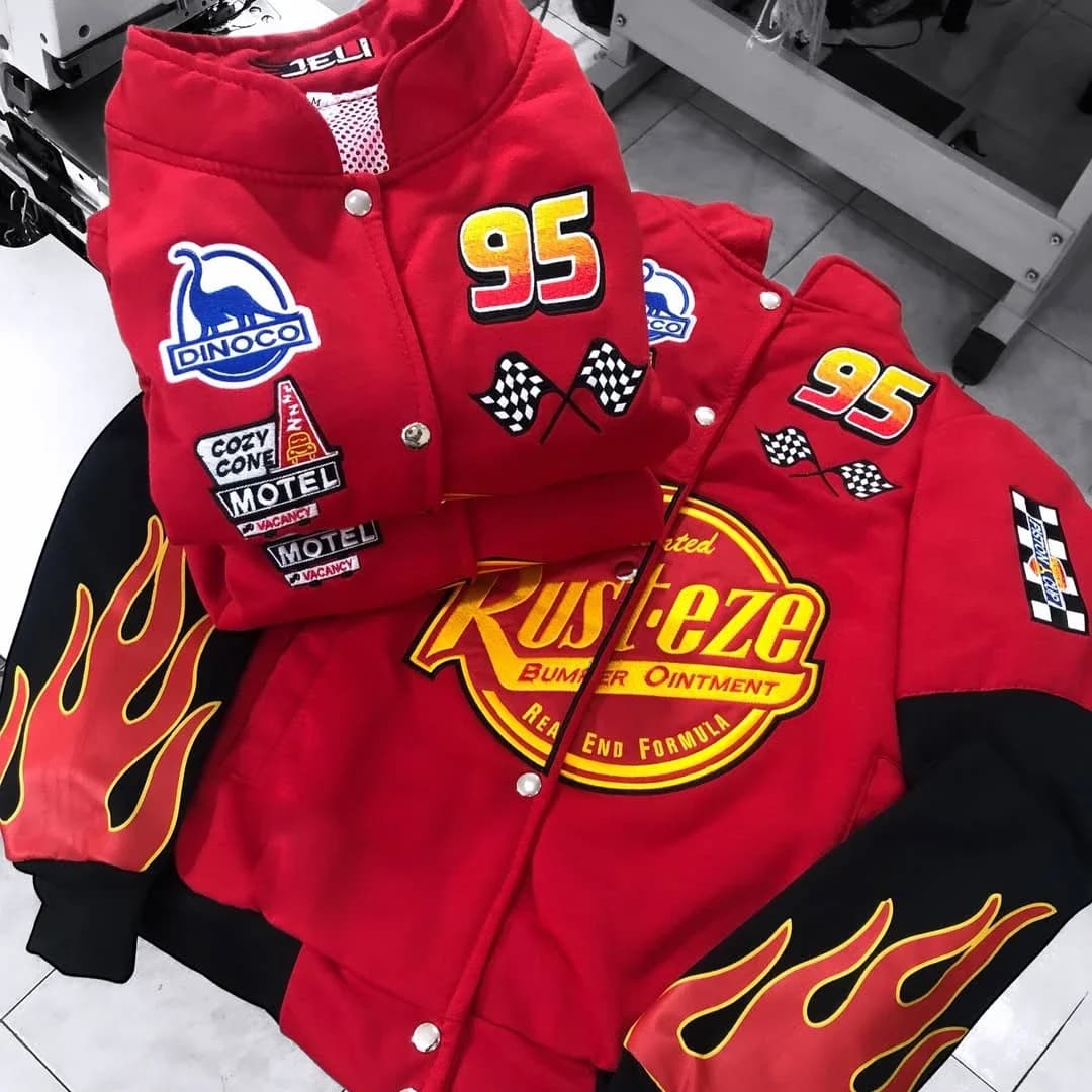 Mens and Womens Red Black Racing Style Baseball Jacket with Flame Pattern Number 95 Single Breasted American Style Outdoor Wear
