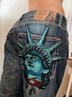 Y2k 2000s Statue of Liberty Diamonds Denim Pants Women Casual High Waist Straight Wide Leg Jeans Harajuku Vintage Women Clothing