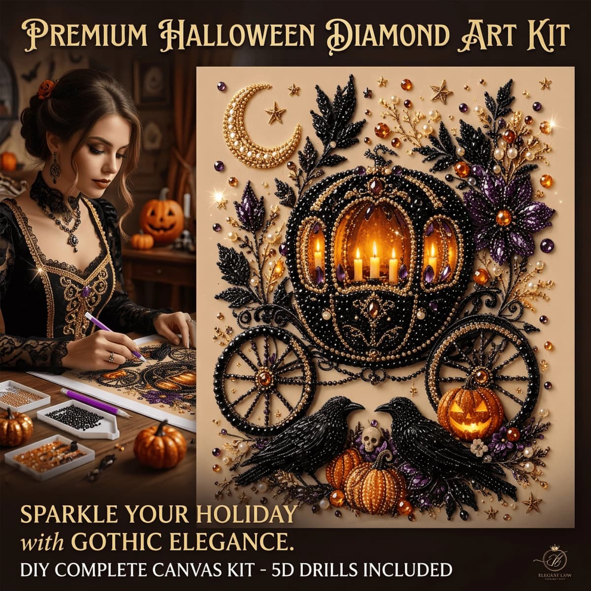 Dowmoo Canvas Halloween Diamond Art Kit Nano Pearlescent Fabric Wood Acrylic Shiny Soft Sturdy Relieve Stress Vivid Craft Set