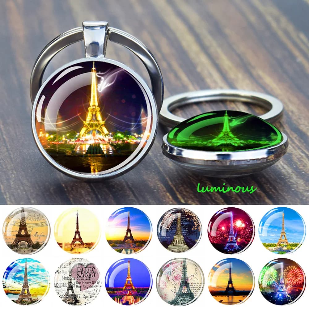 Luminous Eiffel Tower Keychains Two-Side Glass Pendant Key Chain France Paris Eiffel Tower Glow in The Dark Keyring Travel Gifts
