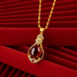 Water Drop Red Crystal Pendant Necklace Women 24K Real Gold Plated 45cm Woolen Chain Four-leaf Clover Ruby Pendant Women Gift