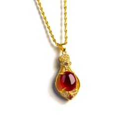 Water Drop Red Crystal Pendant Necklace Women 24K Real Gold Plated 45cm Woolen Chain Four-leaf Clover Ruby Pendant Women Gift