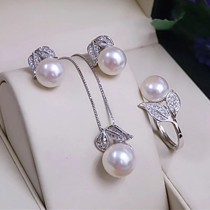 Real Pearl ring Necklace Earrings For Women,Natural Freshwater White Pearl Jewelry Set 925 Sterling Silver Jewelry Sets Gift