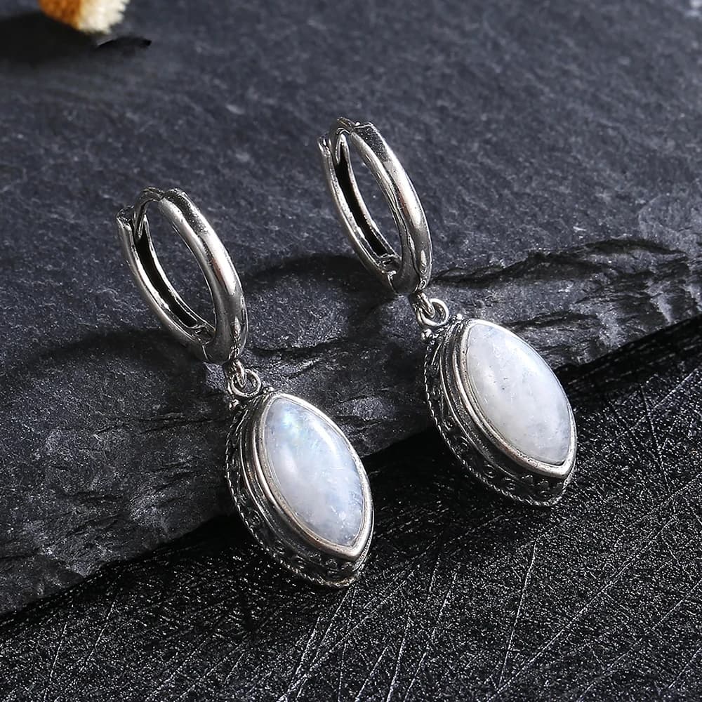 Natural Moonstone Pendant Earrings Silver Plated Jewelry for Women Fashion Retro Texture Wedding Party Accessories Gift
