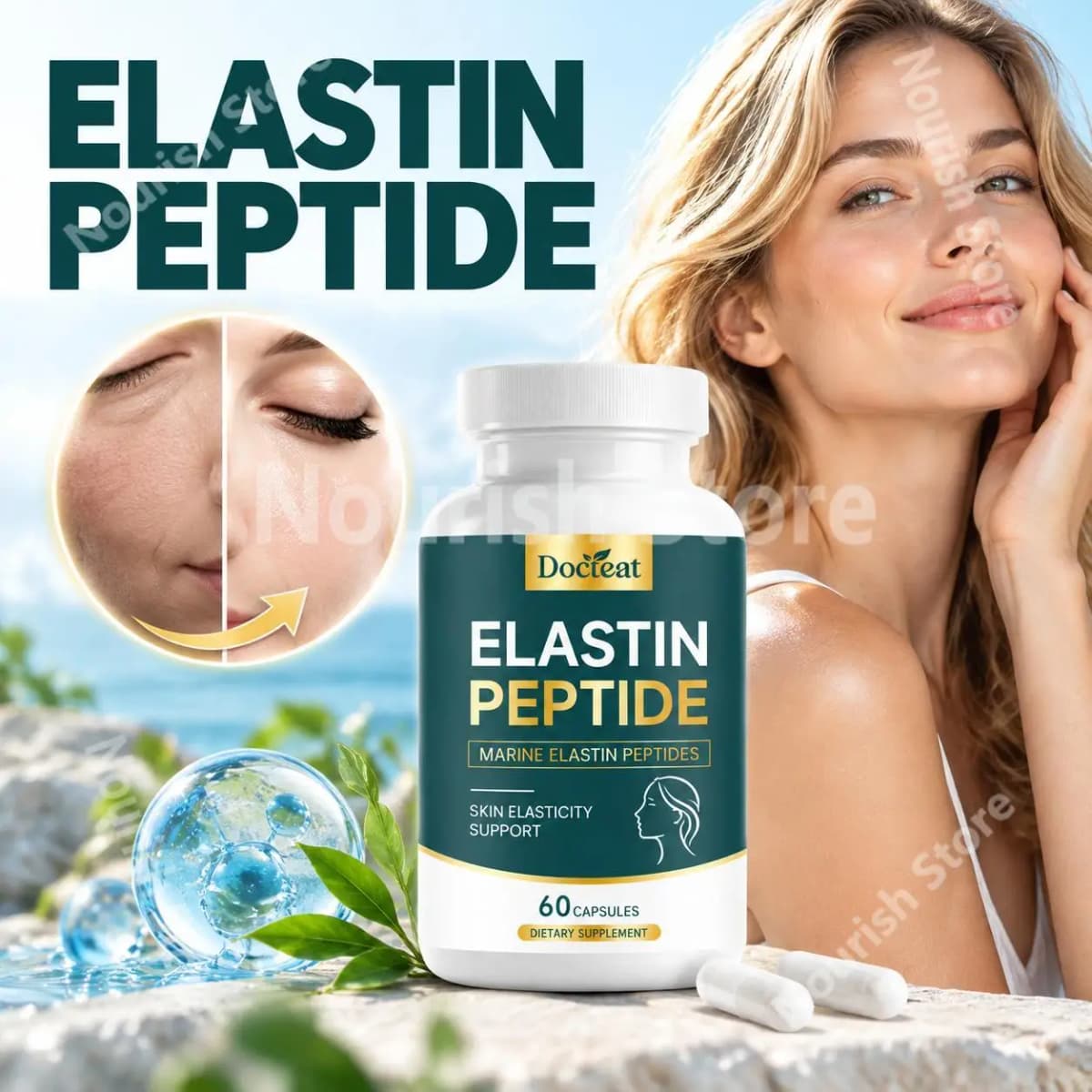 Advanced Marine Elastin Peptides 1000mg Capsules for Skin Firmness Support Beauty Wellness Formula Daily Supplement 60 Capsules