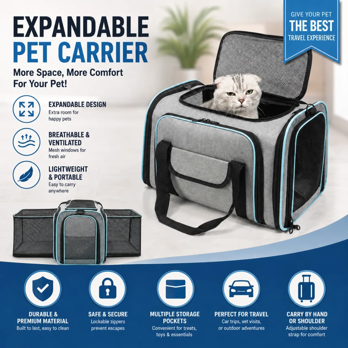 Stylish Breathable Pet Carrier with Double Side Expandable Design, Portable Hand Crossbody Shoulder Travel Bag for Cats & Dogs
