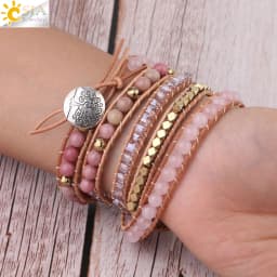 Bohemain Women Leather Bracelet Gem Stone Pink Crystal Vintage Weaving Statement Fancy Girl Bracelet Bijoux Dropshipping S308