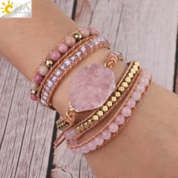 Bohemain Women Leather Bracelet Gem Stone Pink Crystal Vintage Weaving Statement Fancy Girl Bracelet Bijoux Dropshipping S308