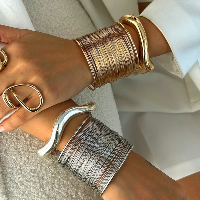 Vintage Punk Layered Wide Wire Cuff Bangle Bracelets for Women Exaggerated Gold Silver Color Metal Bangle Female Trendy Jewelry