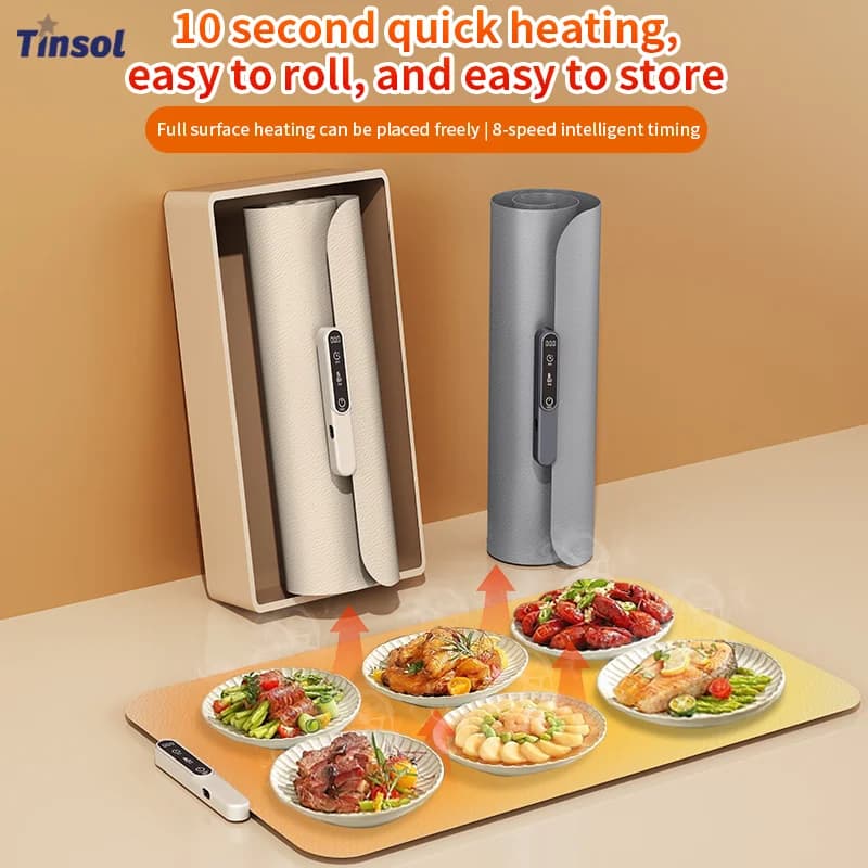 TINSOL Food Warmer Pad Foldable Silicone Heating Pad Portable Meal Cart Insulation Pad 8-Level Temperature Adjustment