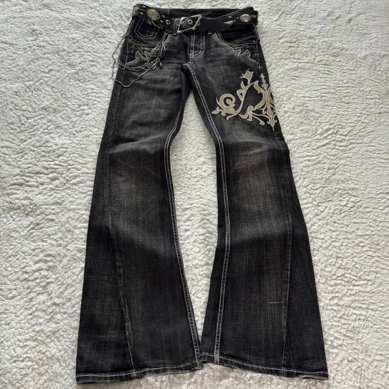 HOUZHOU Vintage Embroidery Patchwork Women Flared Jeans Y2k Harajuku Wide Leg American Style Denim Pants Baggy Punk Streetwear