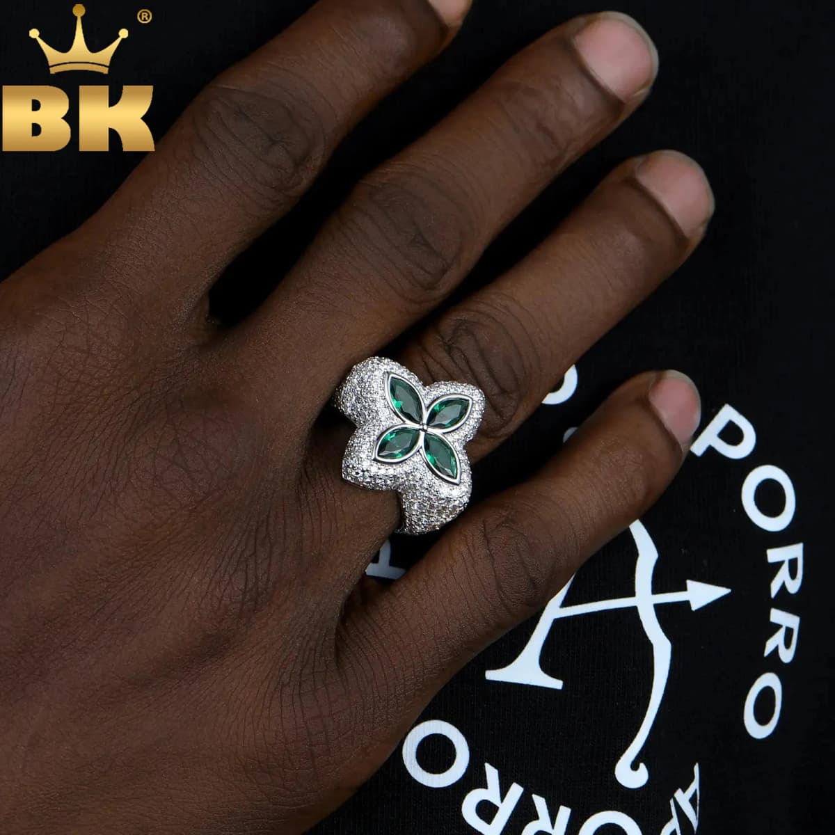 THE BLING KING Clover Flower Rings Micro Paved Out Green Cubic Zirconia Punk Ring Hiphop Jewelry For Men Women Party Gift