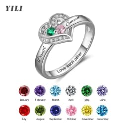 Personalized 1-8 Birthstone Rings Custom Engraved Name Ring Customized Promise Heart Birthstone Ring Gifts for Family Women