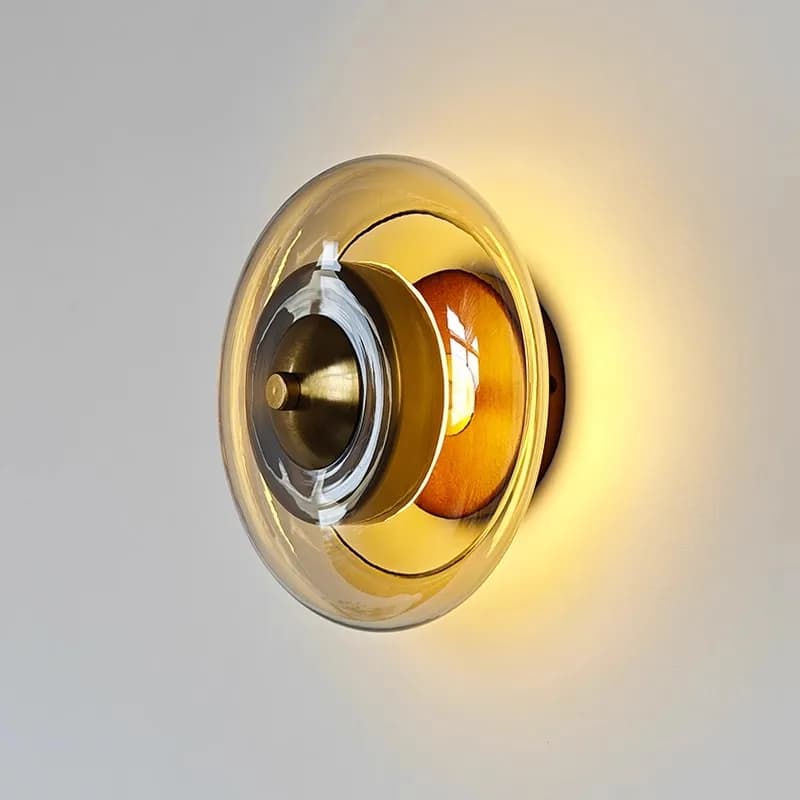 Postmodern Luxury Glass Wall Lamps for Bedroom Bedside Living Room Hotel Hallway Porch Amber Glass Wall Light Walnut Color Wood