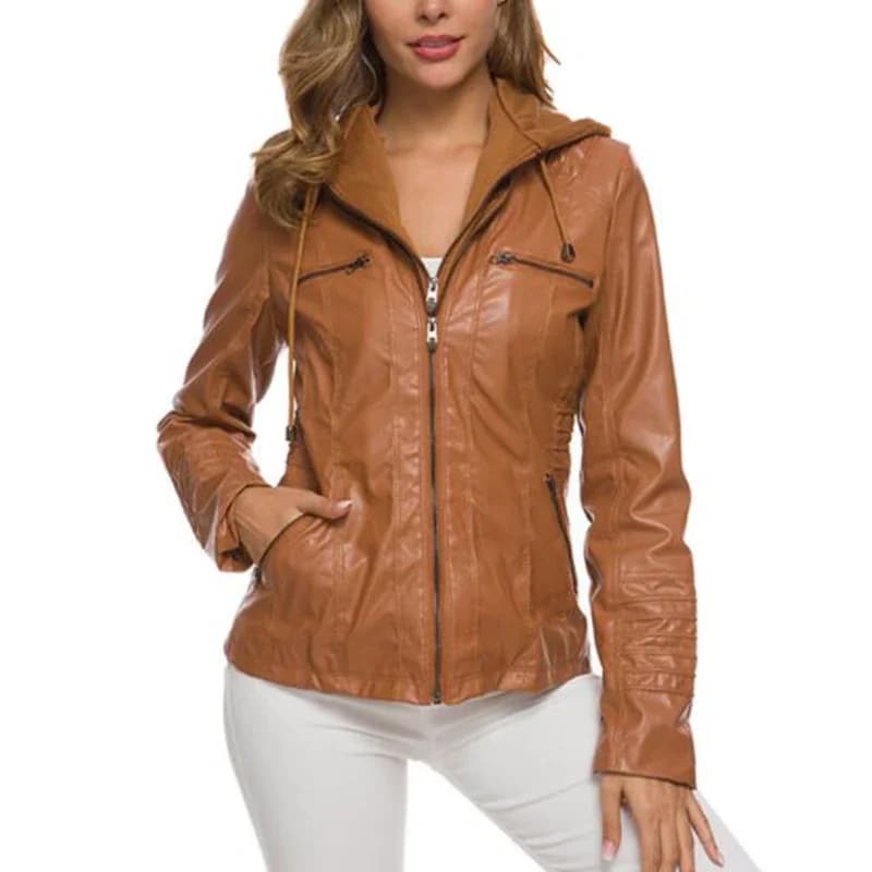 Customizable Hooded Leather Jacket Autumn Winter women's with zipper leather jacket short PU jacket coat Suit Jackets