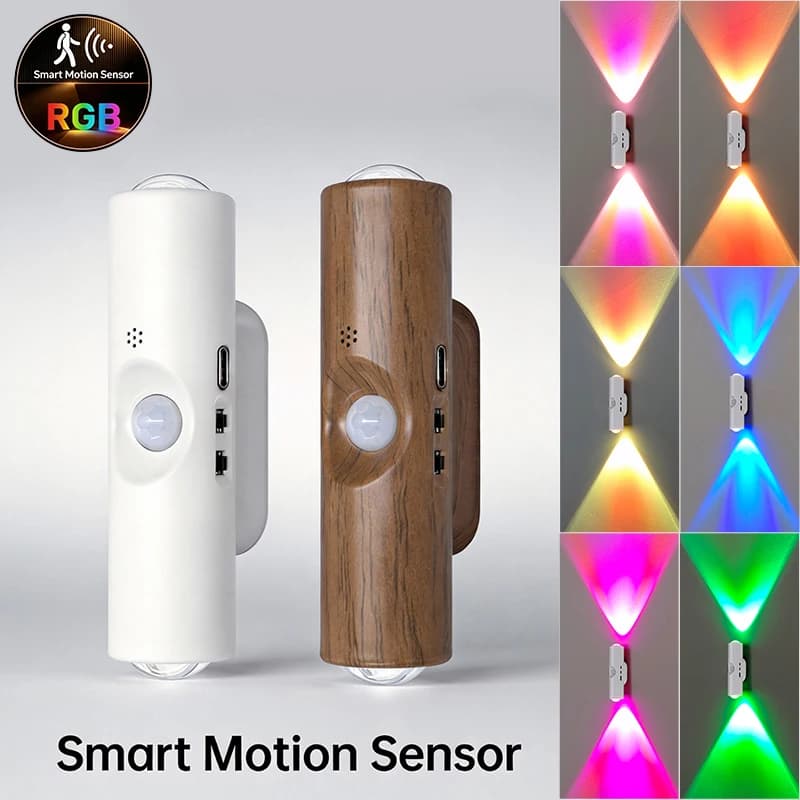 Double Head RGB LED Night Light with Motion Sensor Rechargeable Magnetic Wall Lamp for Cabinet Hallway Stair Mood Ambient Light